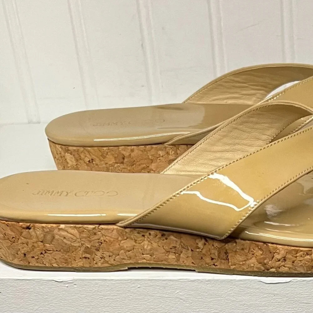 Jimmy Choo Beige Patent Cork Wedge Flip Flops - Picture 5 of 9